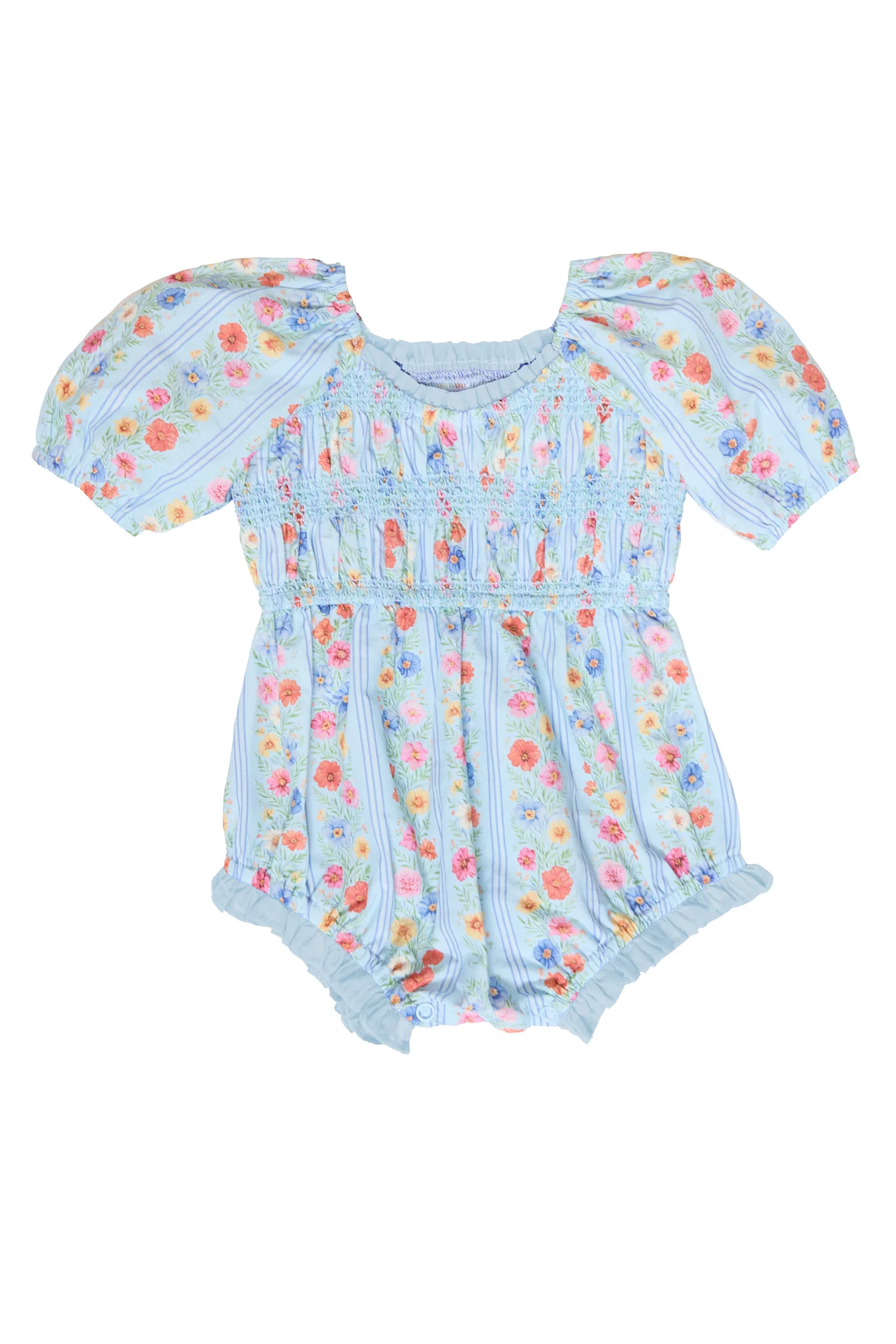 Baby Roselyn Romper in Blue Linear Floral Print - Pre Order