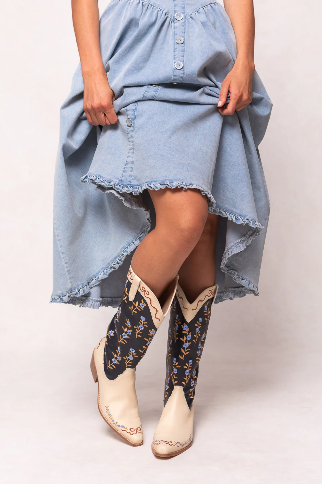Rosemary Cowgirl Boots in Cream & Navy - Image 4