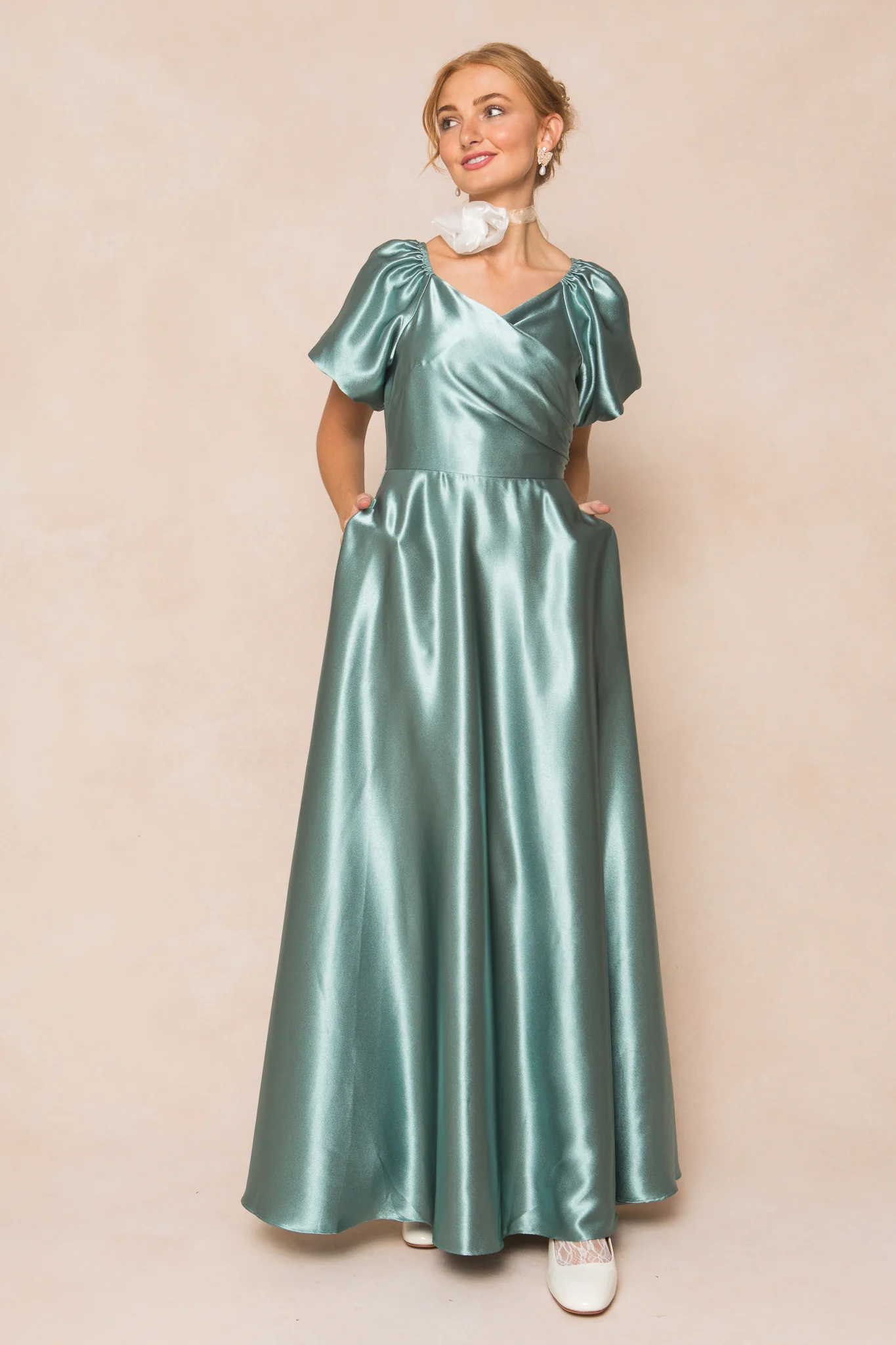 Tessie Dress in Seaglass Satin - Image 2